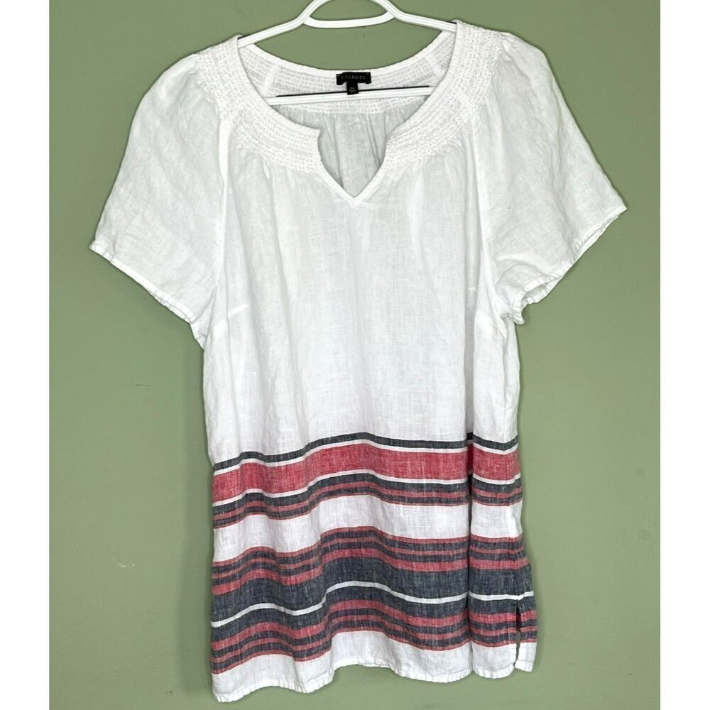 Talbots 100% Linen Top sz XL Smocked Embroidered Striped Beachy